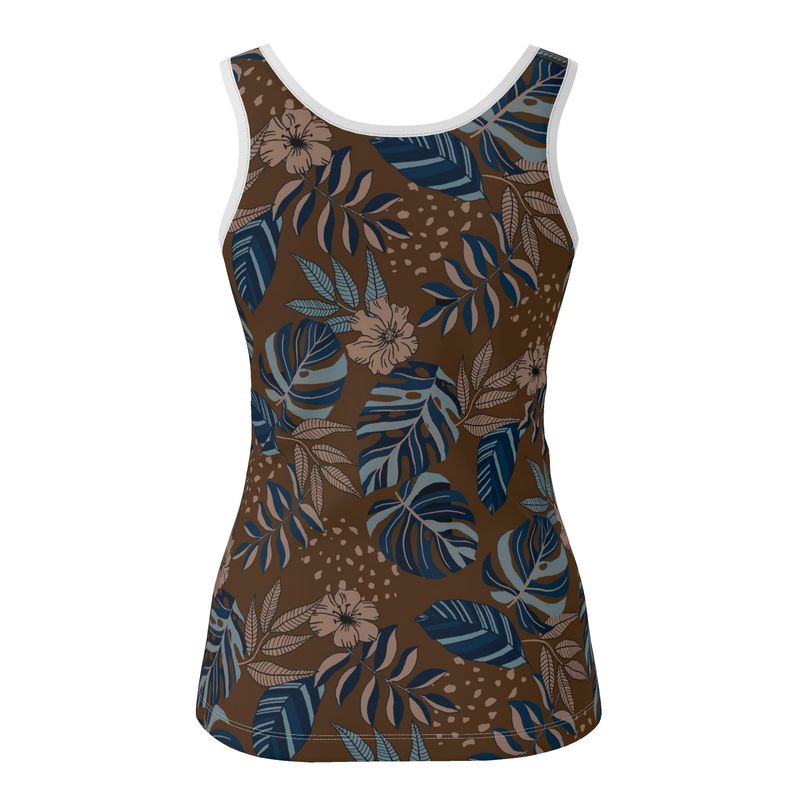 Women's Tank Top — White Trim — Midnight Monstera Roasted Teak