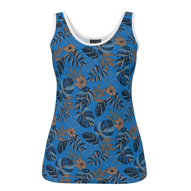 Women's Tank Top — White Trim — Midnight Monstera Azure Blue