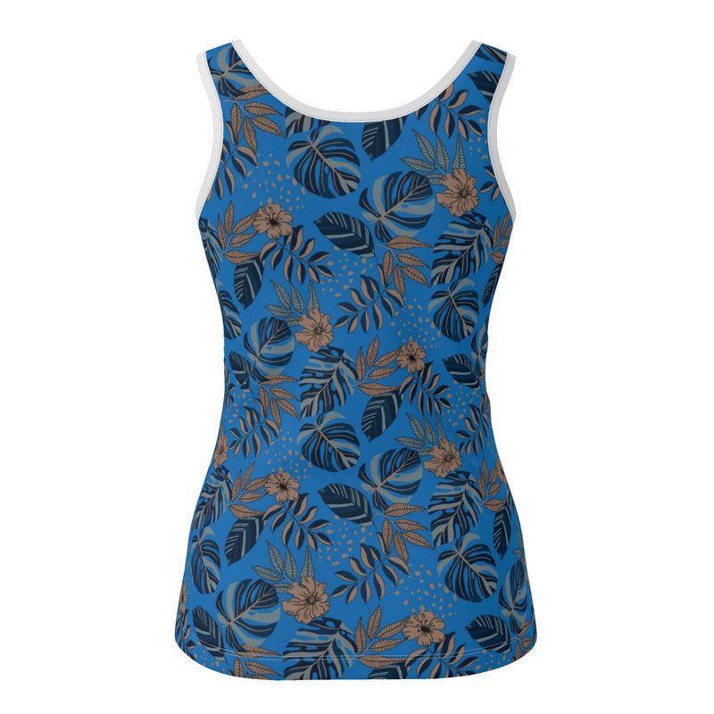 Women's Tank Top — White Trim — Midnight Monstera Azure Blue
