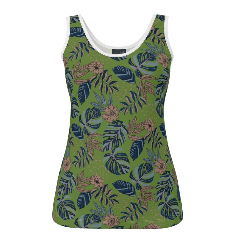 Women's Tank Top — White Trim — Midnight Monstera Olive Velour