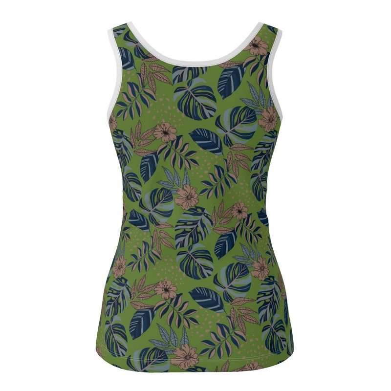 Women's Tank Top — White Trim — Midnight Monstera Olive Velour
