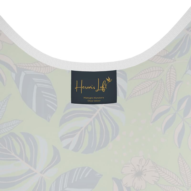 Women's Tank Top — White Trim — Midnight Monstera Olive Velour