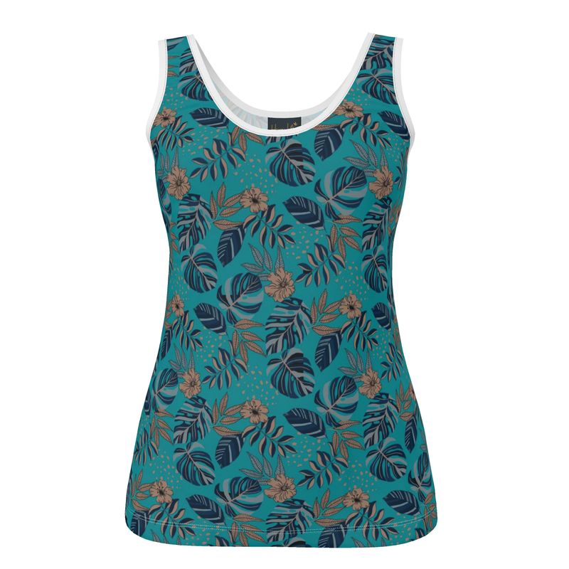 Women's Tank Top — White Trim — Midnight Monstera Cyan Noir