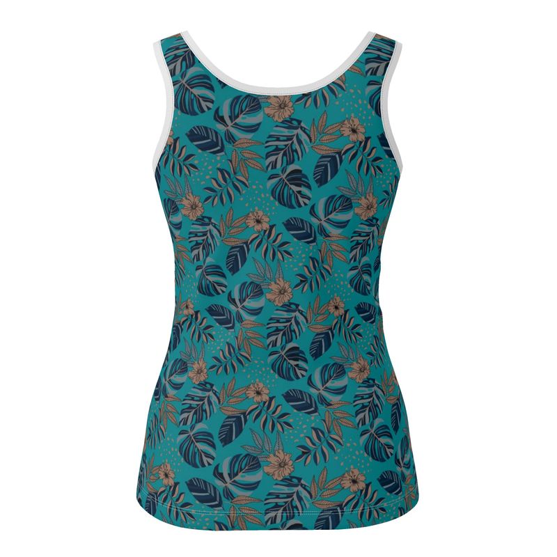 Women's Tank Top — White Trim — Midnight Monstera Cyan Noir