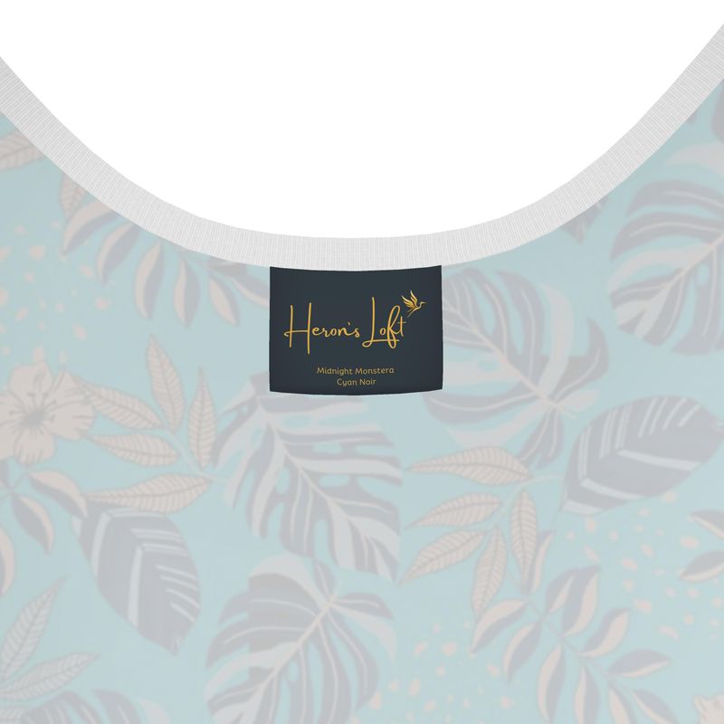 Women's Tank Top — White Trim — Midnight Monstera Cyan Noir
