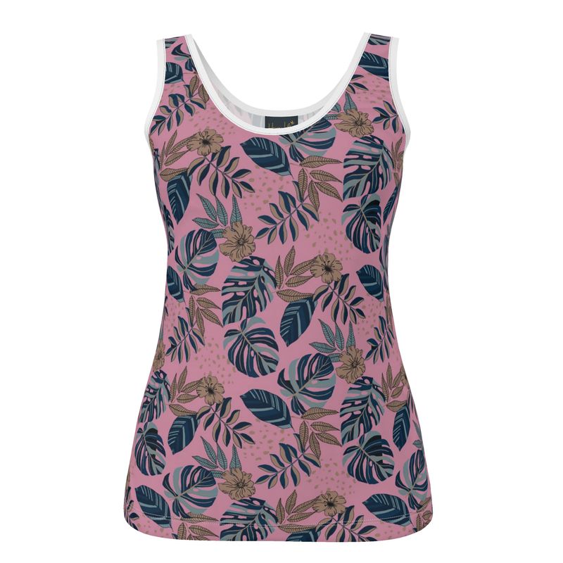 Women's Tank Top — White Trim — Midnight Monstera Lunaria Rose
