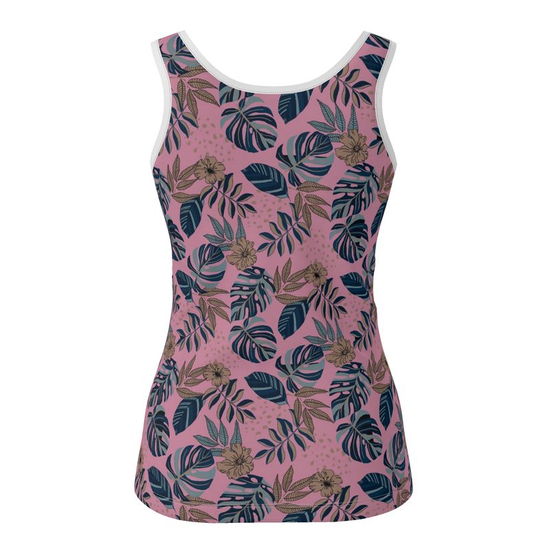 Women's Tank Top — White Trim — Midnight Monstera Lunaria Rose