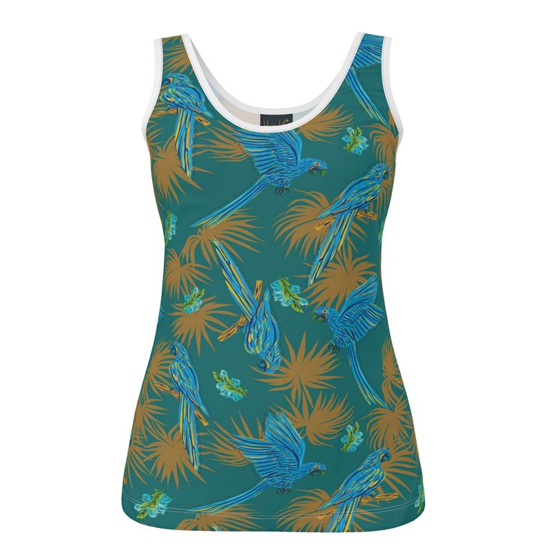 Women's Tank Top — White Trim — Tropical Macaw Palm Teal