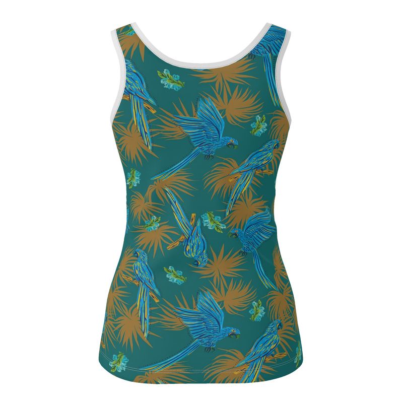 Women's Tank Top — White Trim — Tropical Macaw Palm Teal