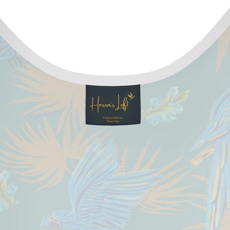 Women's Tank Top — White Trim — Tropical Macaw Palm Teal