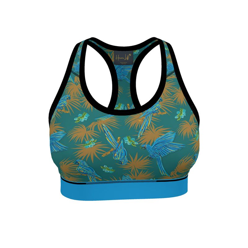 Tropical Macaw Palm Teal Women's Low Impact Sports Bra