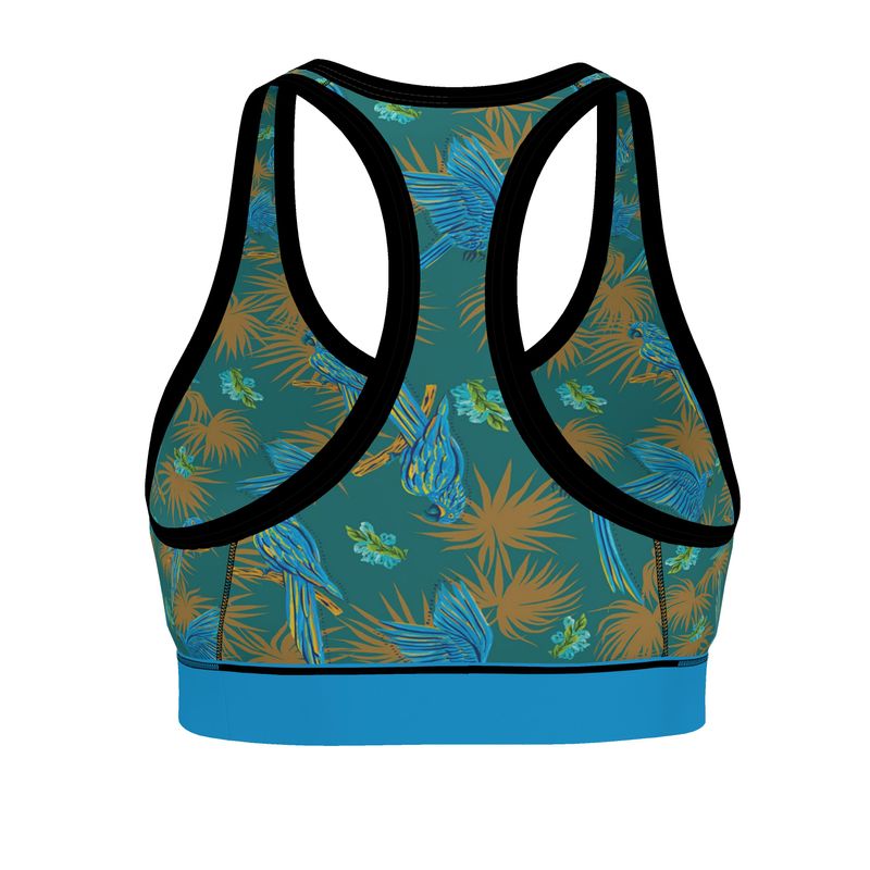 Tropical Macaw Palm Teal Women's Low Impact Sports Bra