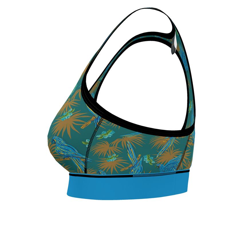 Tropical Macaw Palm Teal Women's Low Impact Sports Bra