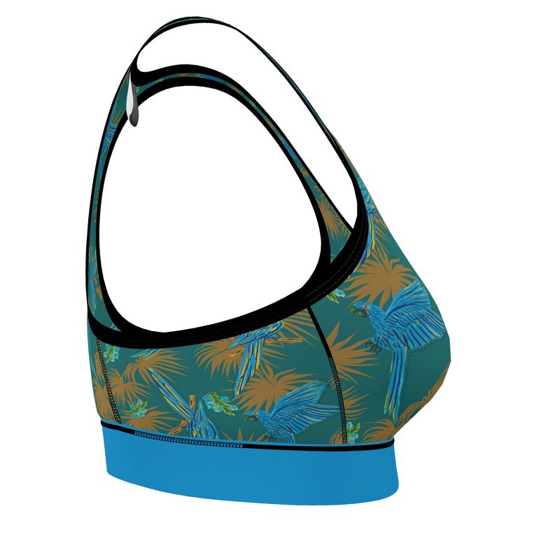 Tropical Macaw Palm Teal Women's Low Impact Sports Bra