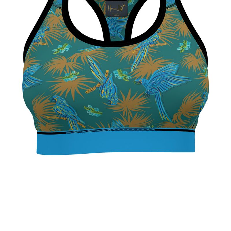 Tropical Macaw Palm Teal Women's Low Impact Sports Bra