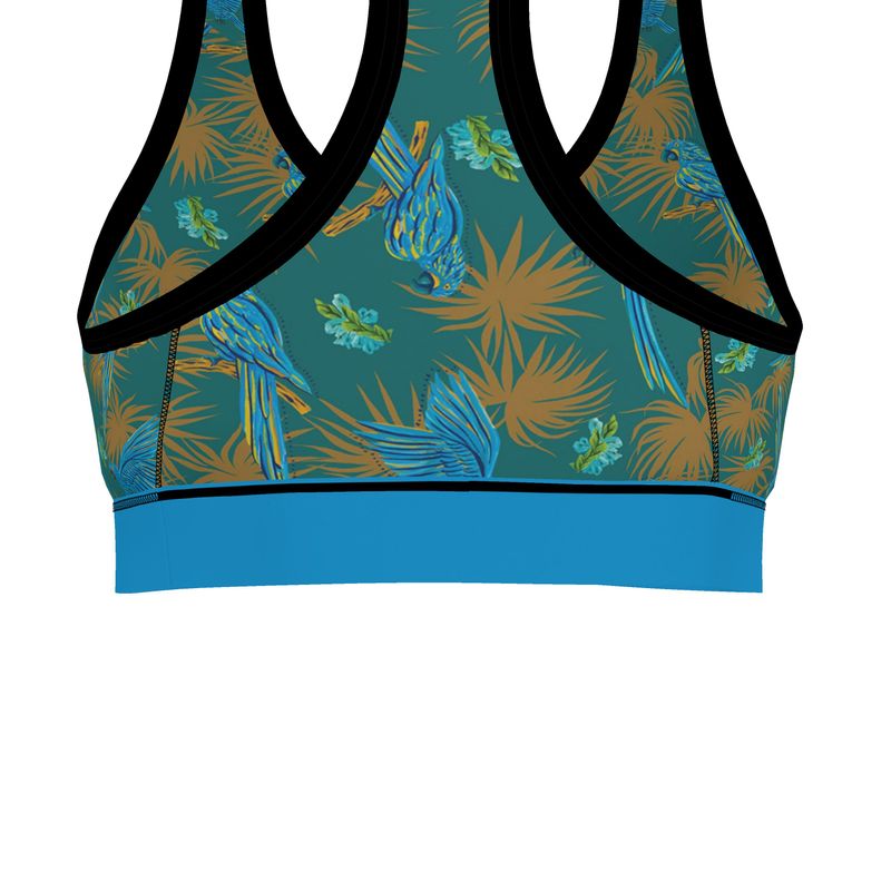 Tropical Macaw Palm Teal Women's Low Impact Sports Bra
