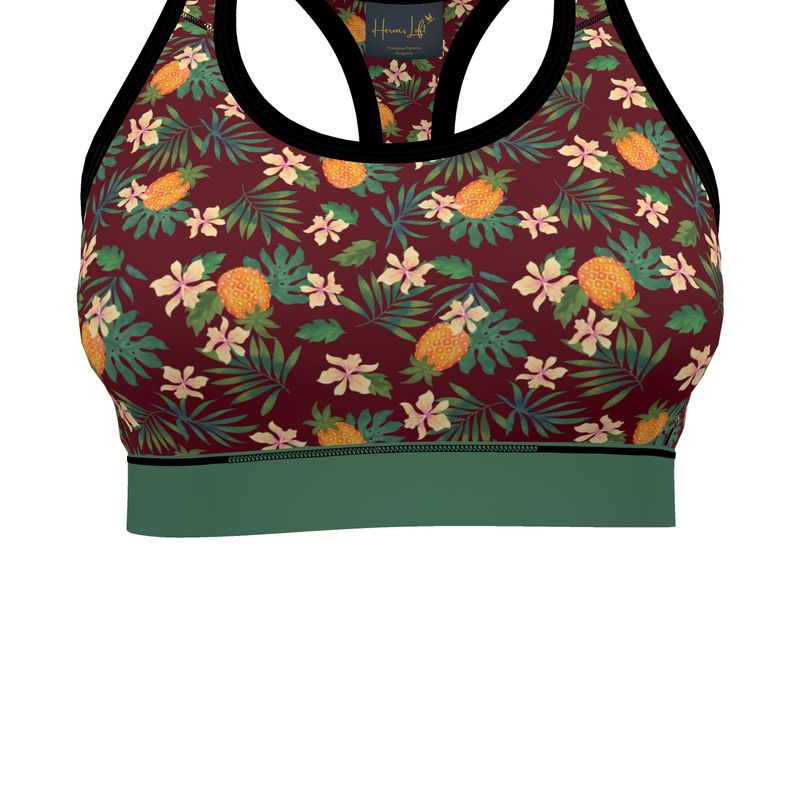 Pineapple Paradise Burgundy Women's Low Impact Sports Bra