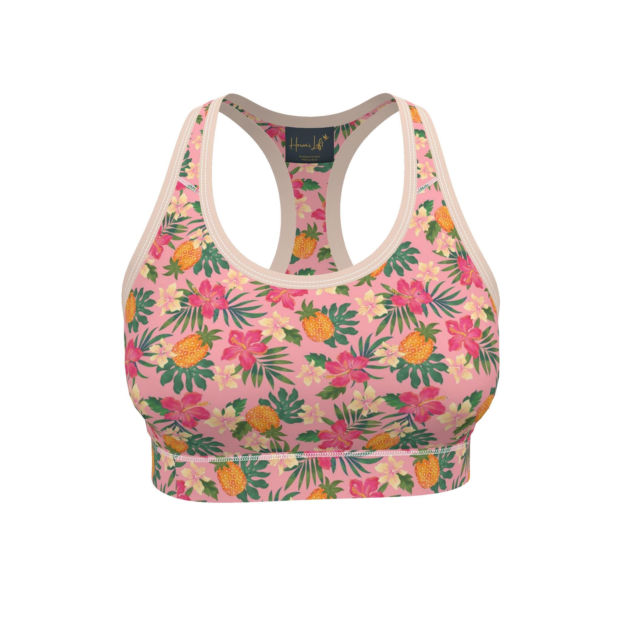 Women's Low Impact Sports Bra — Pineapple Paradise Hibiscus Blush