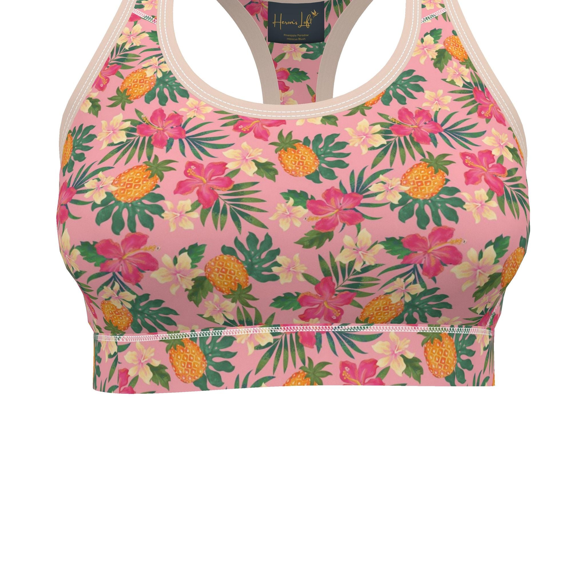 Women's Low Impact Sports Bra — Pineapple Paradise Hibiscus Blush