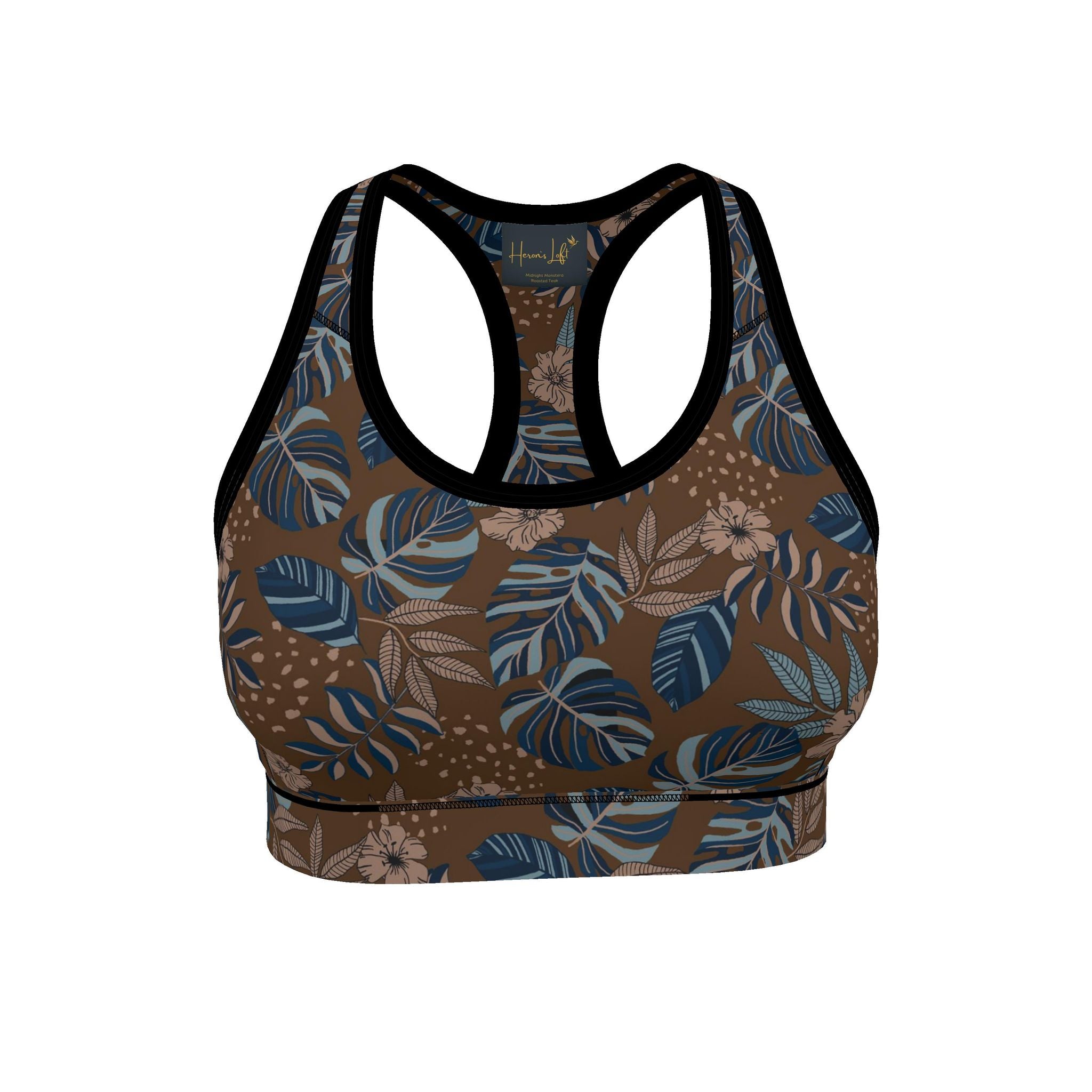 Women's Low Impact Sports Bra — Midnight Monstera Roasted Teak