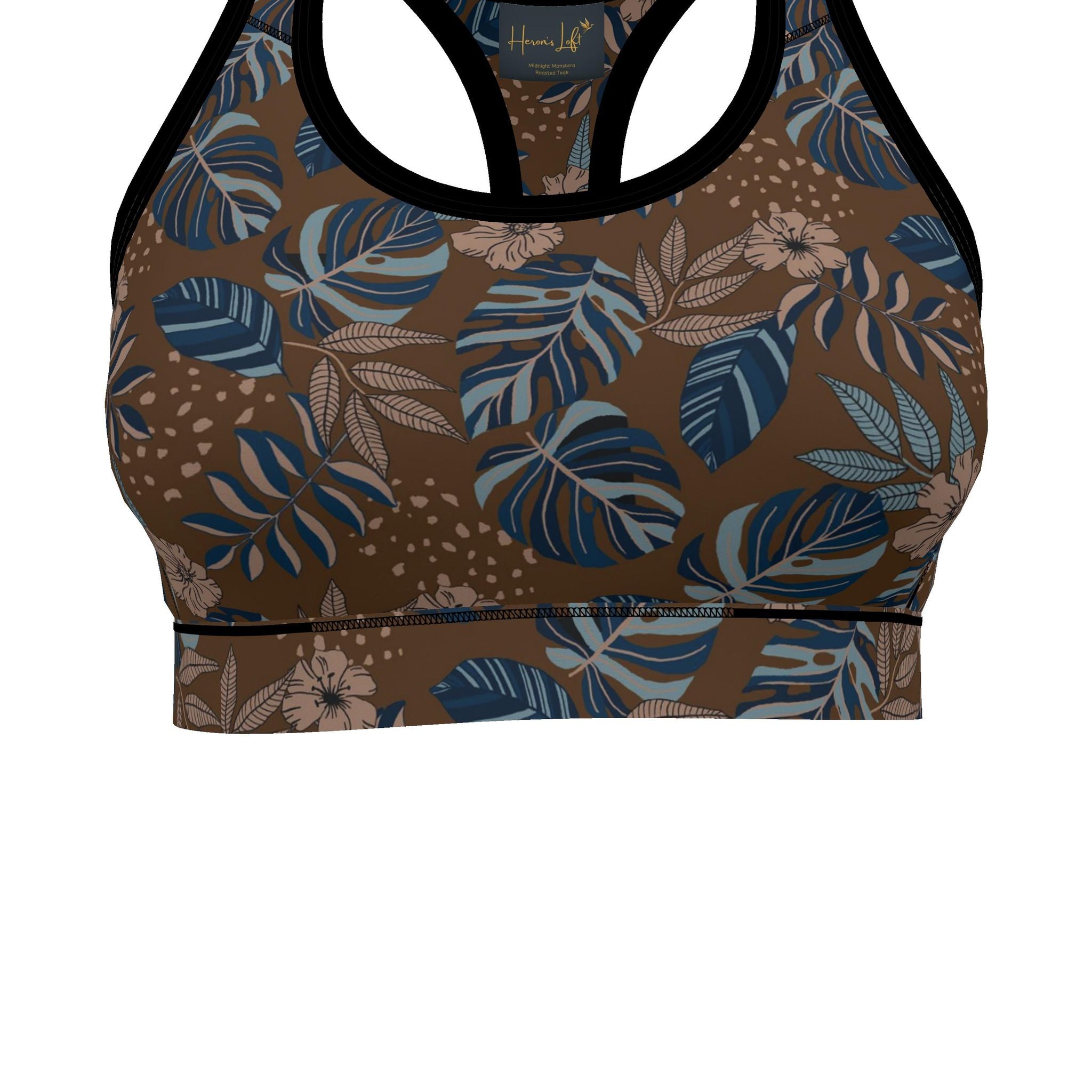 Women's Low Impact Sports Bra — Midnight Monstera Roasted Teak