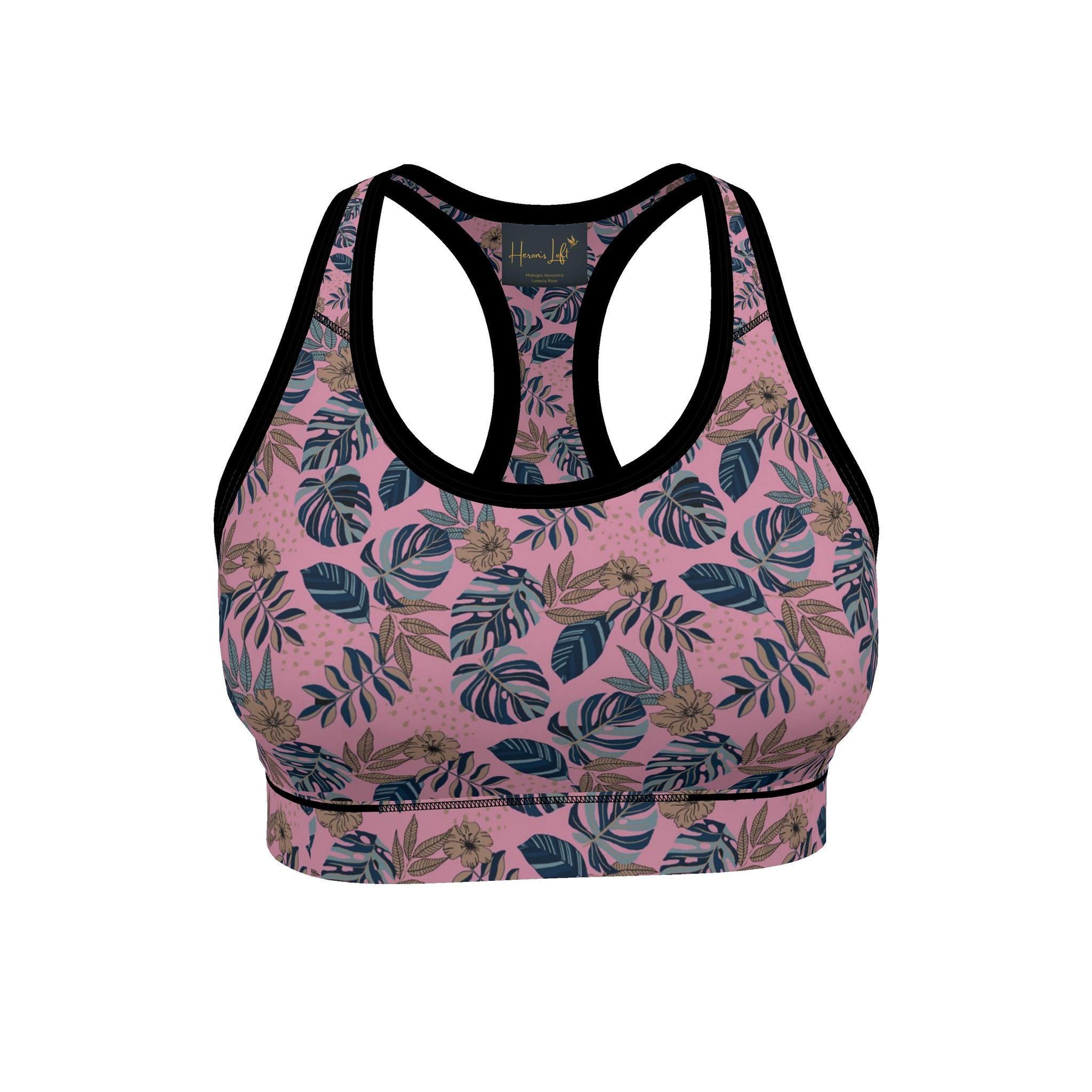 Women's Low Impact Sports Bra — Midnight Monstera Lunaria Rose