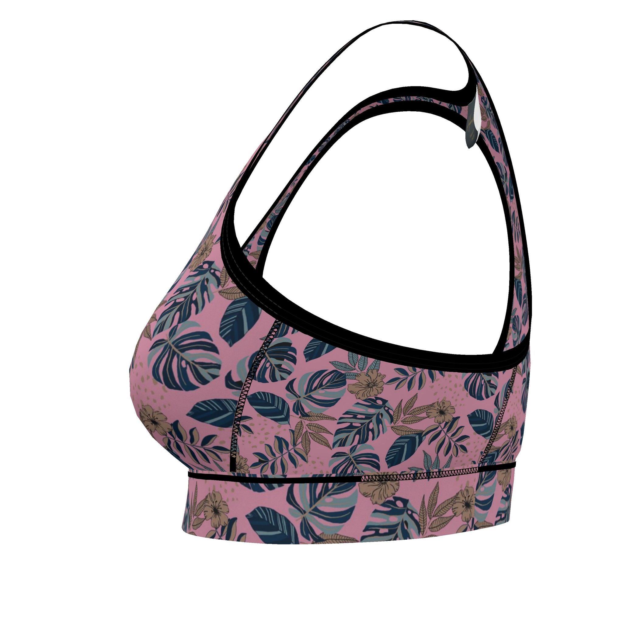 Women's Low Impact Sports Bra — Midnight Monstera Lunaria Rose