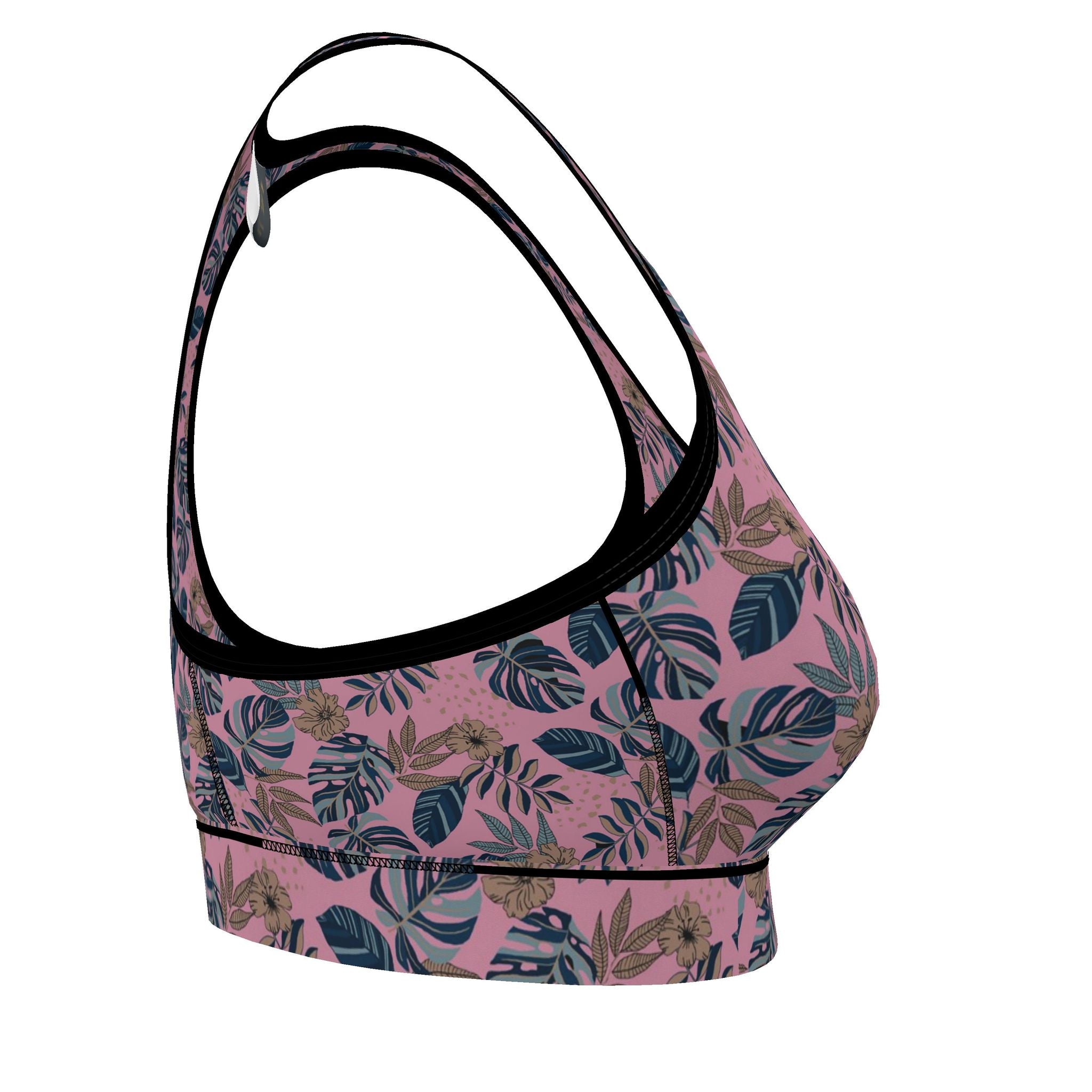 Women's Low Impact Sports Bra — Midnight Monstera Lunaria Rose