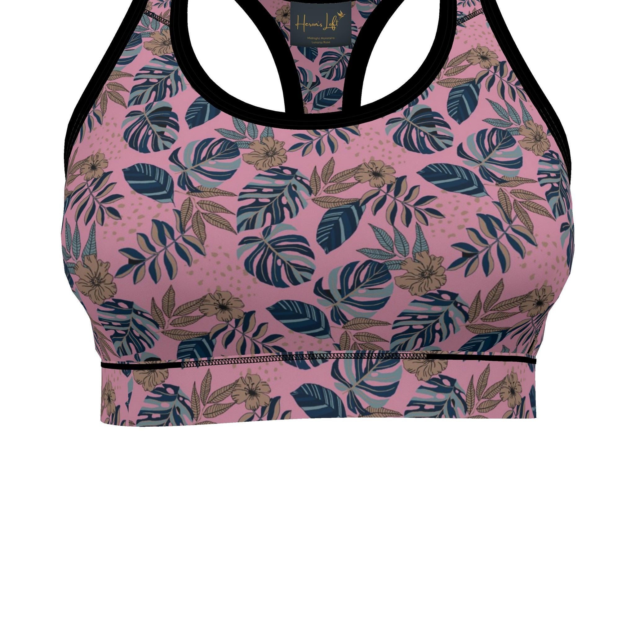 Women's Low Impact Sports Bra — Midnight Monstera Lunaria Rose