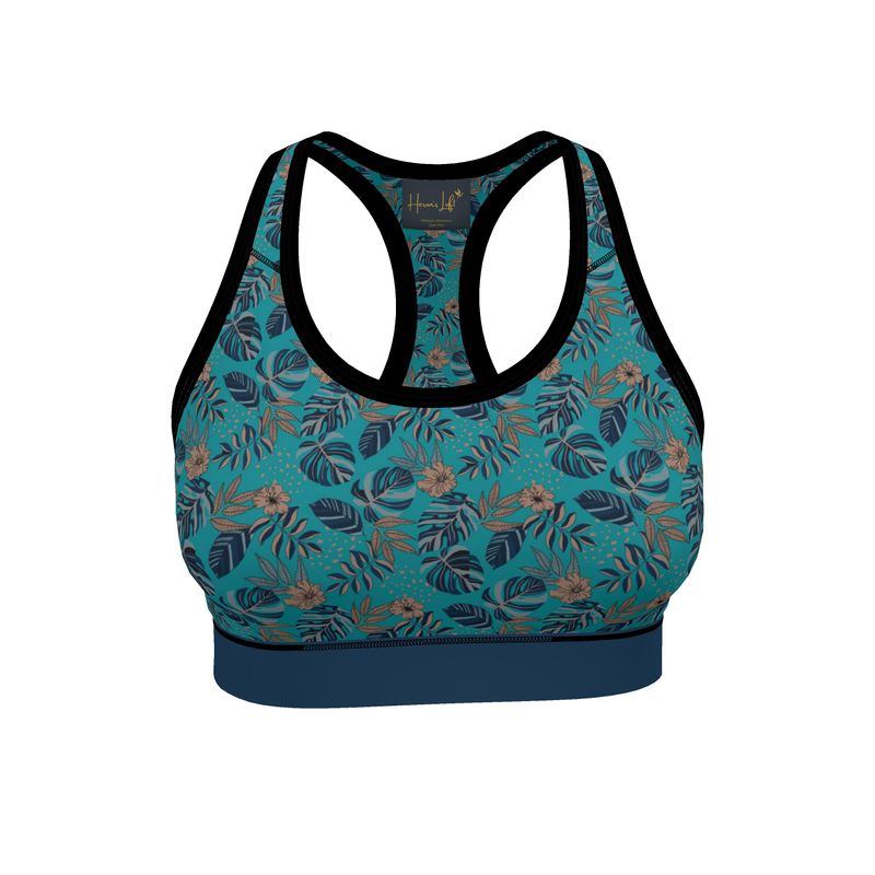 Midnight Monstera Cyan Noir Women's Low Impact Sports Bra