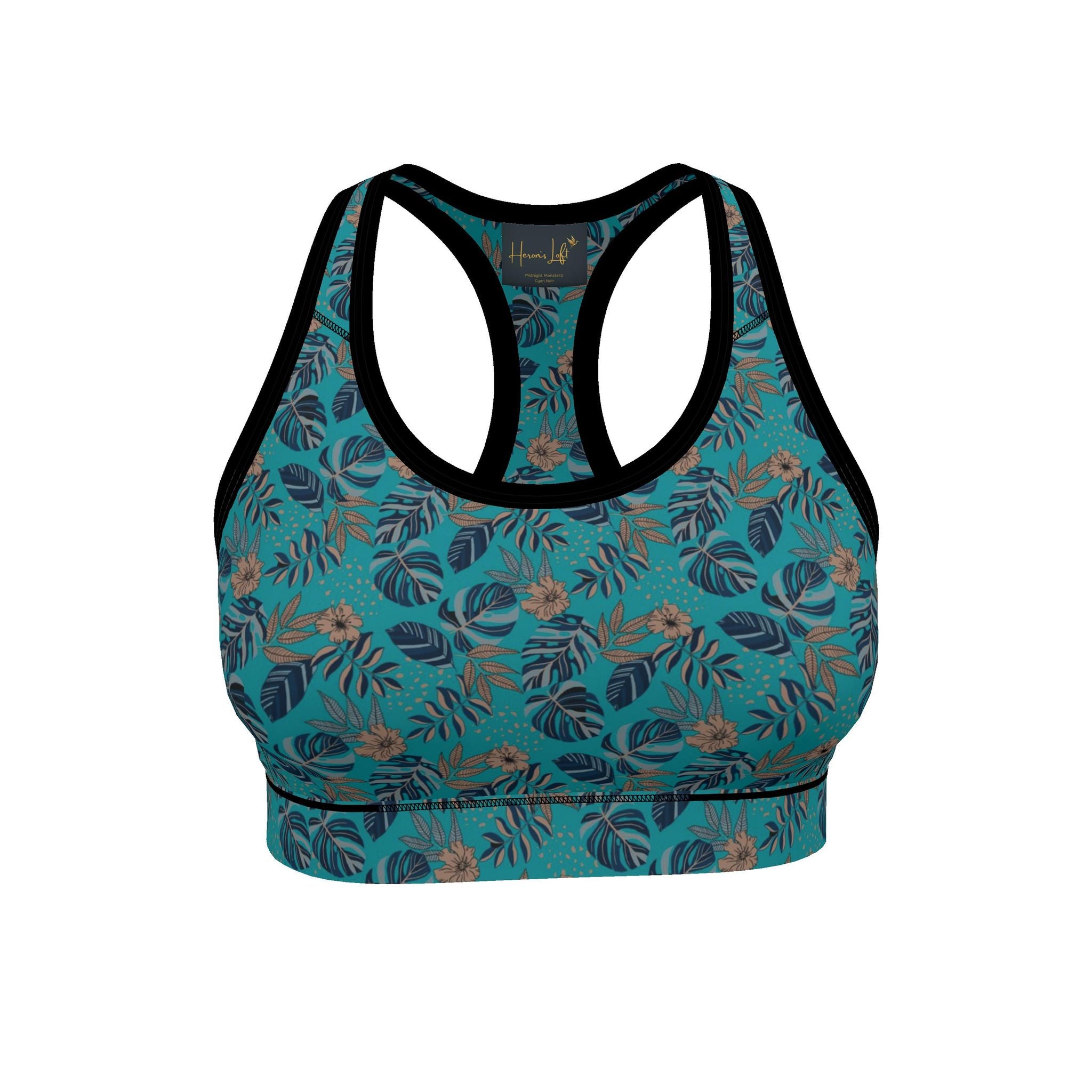Women's Low Impact Sports Bra — Midnight Monstera Cyan Noir