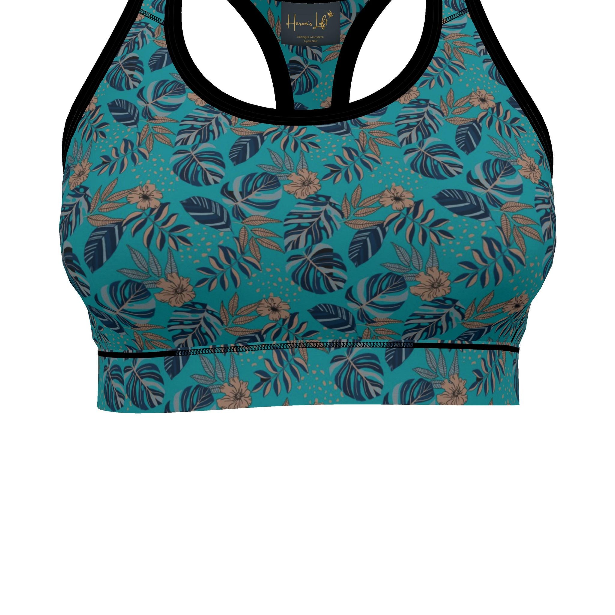 Women's Low Impact Sports Bra — Midnight Monstera Cyan Noir