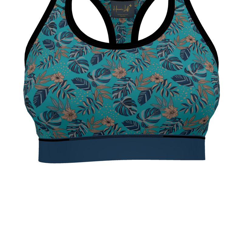 Midnight Monstera Cyan Noir Women's Low Impact Sports Bra