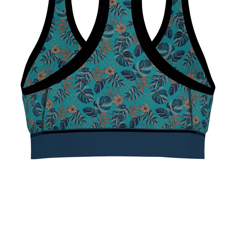 Midnight Monstera Cyan Noir Women's Low Impact Sports Bra