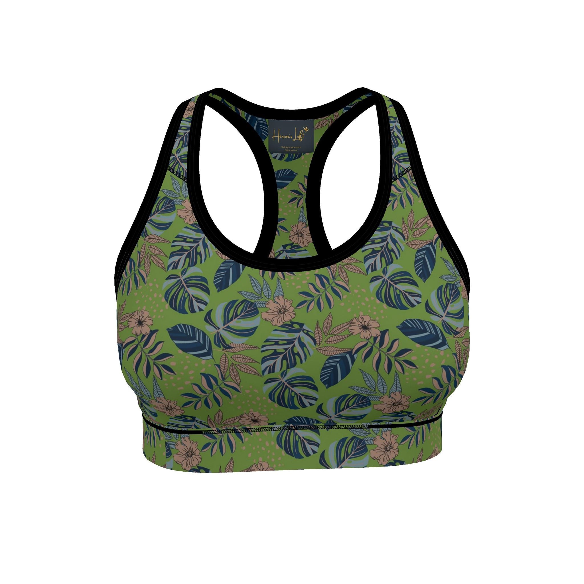 Women's Low Impact Sports Bra — Midnight Monstera Olive Velour
