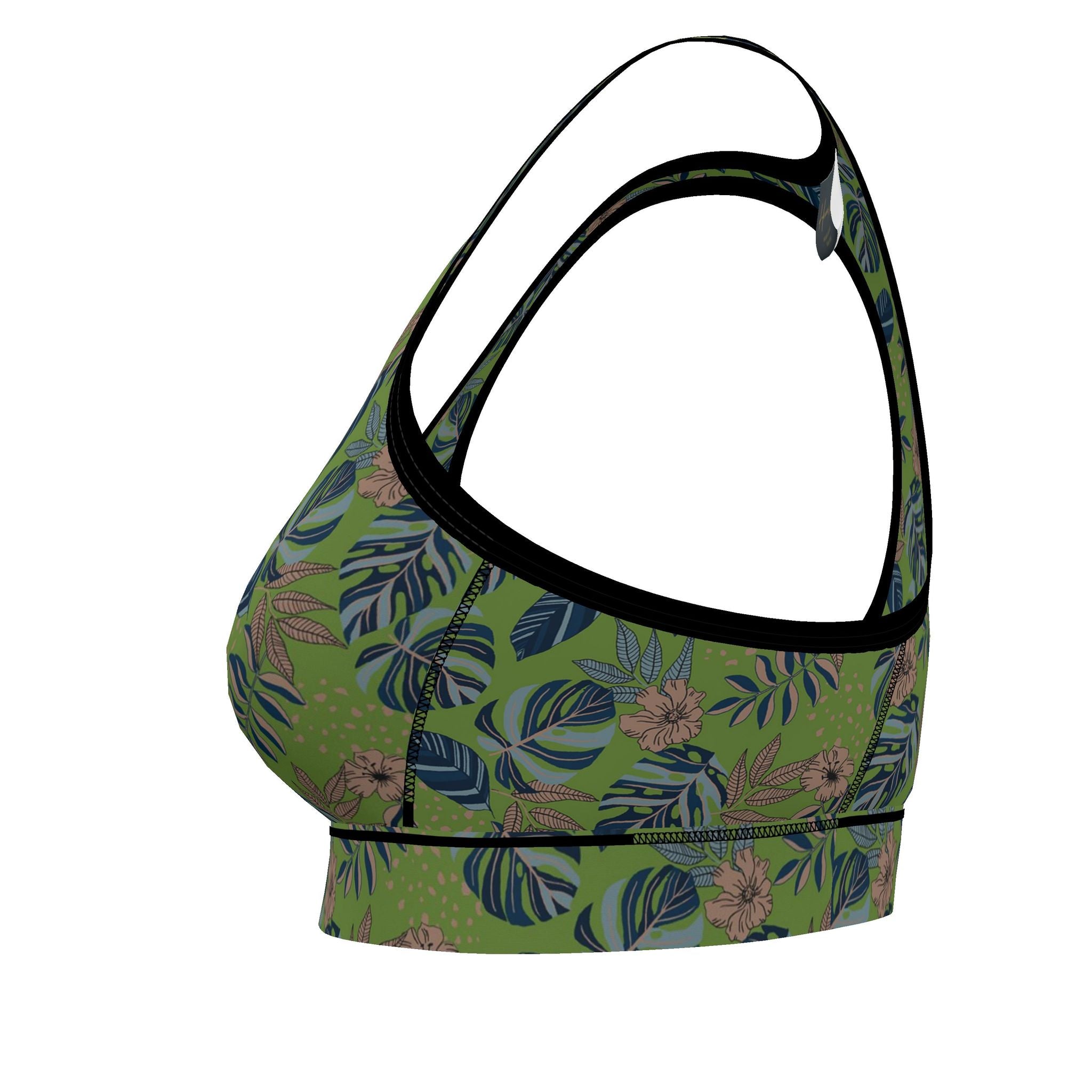 Women's Low Impact Sports Bra — Midnight Monstera Olive Velour
