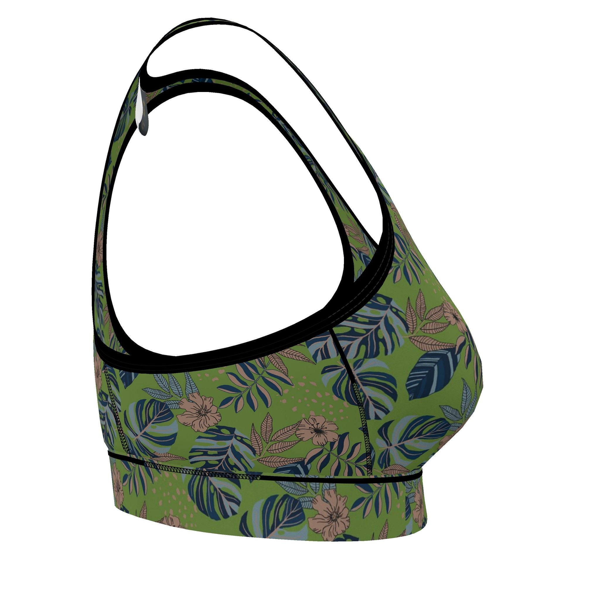 Women's Low Impact Sports Bra — Midnight Monstera Olive Velour
