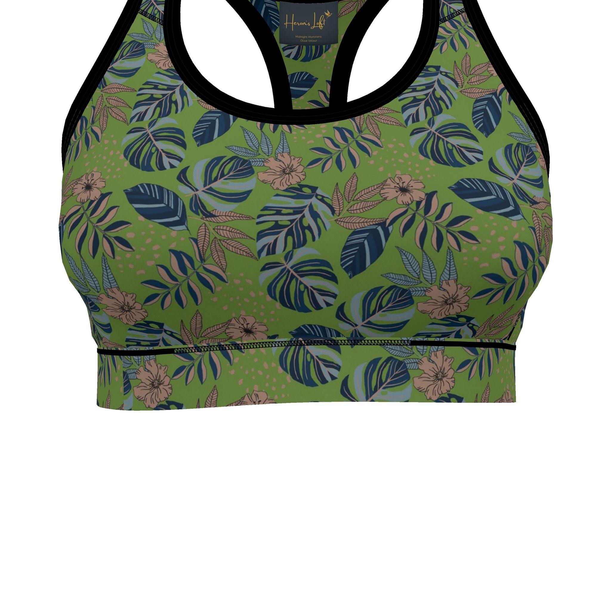 Women's Low Impact Sports Bra — Midnight Monstera Olive Velour