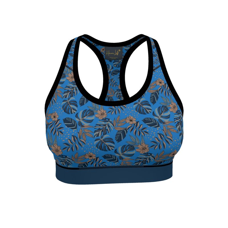 Midnight Monstera Azure Blue Women's Low Impact Sports Bra