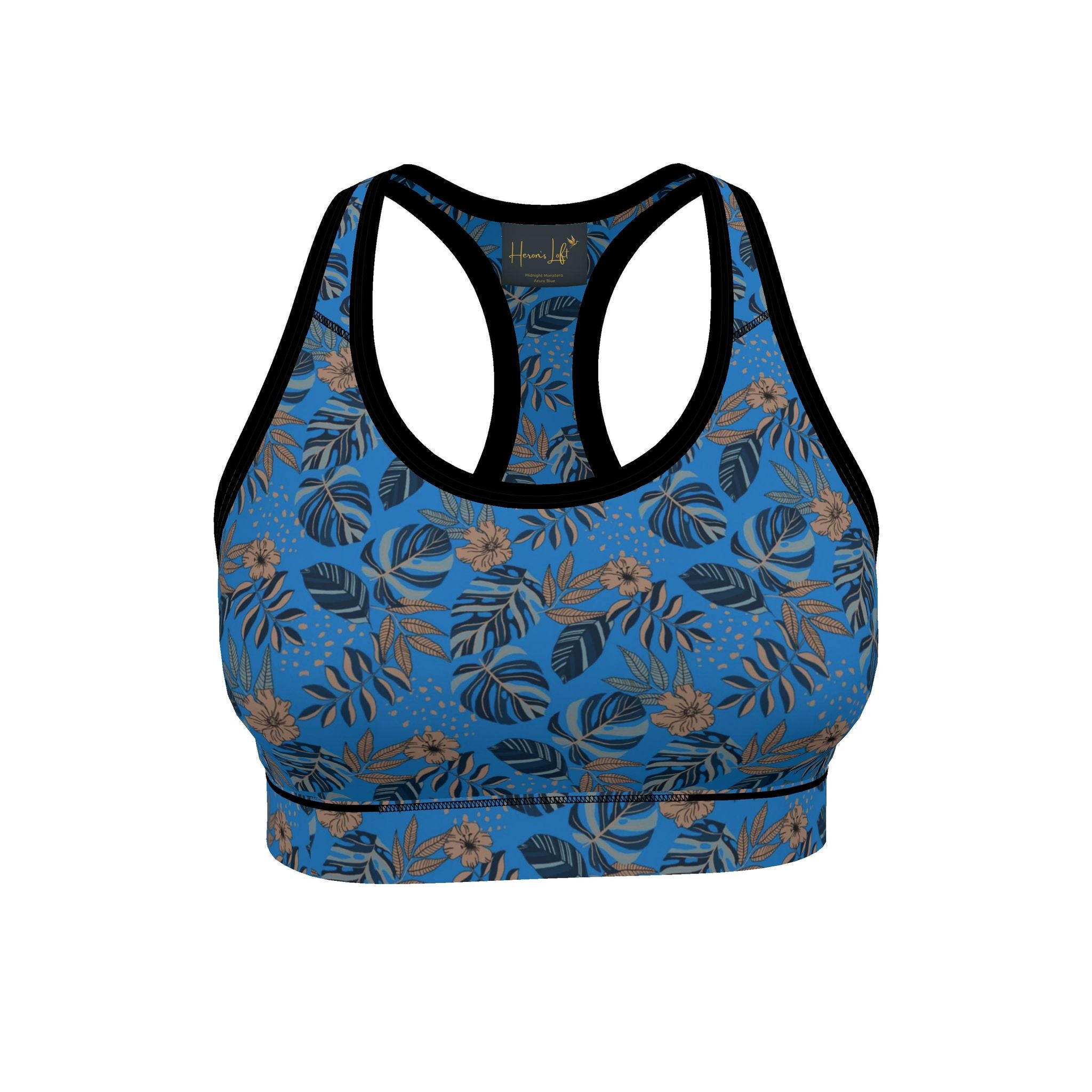 Women's Low Impact Sports Bra — Midnight Monstera Azure Blue