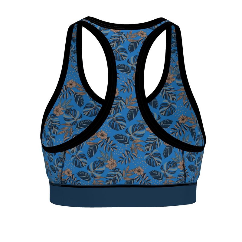 Midnight Monstera Azure Blue Women's Low Impact Sports Bra