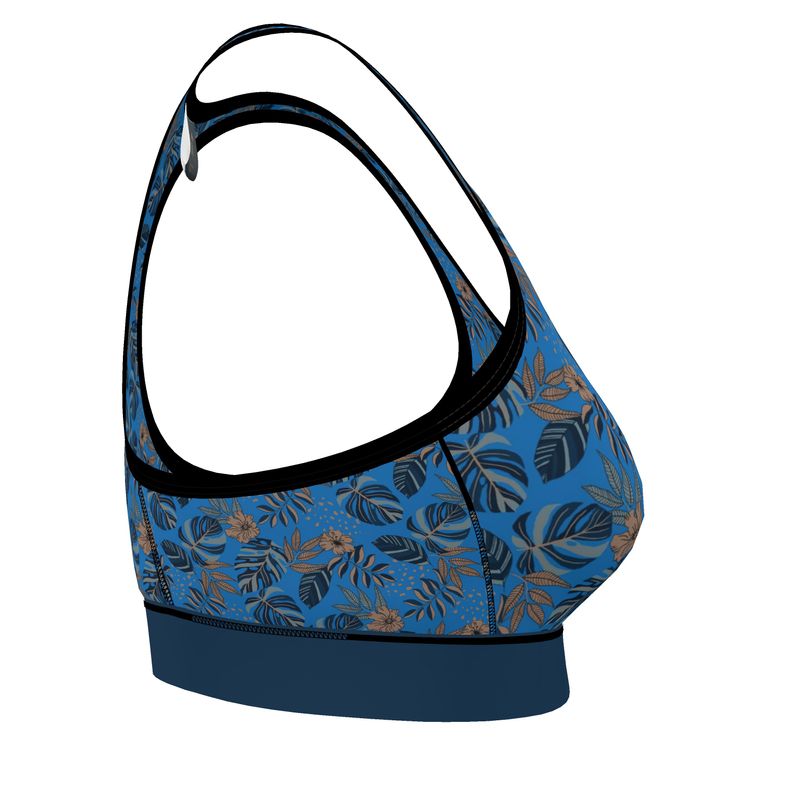 Midnight Monstera Azure Blue Women's Low Impact Sports Bra