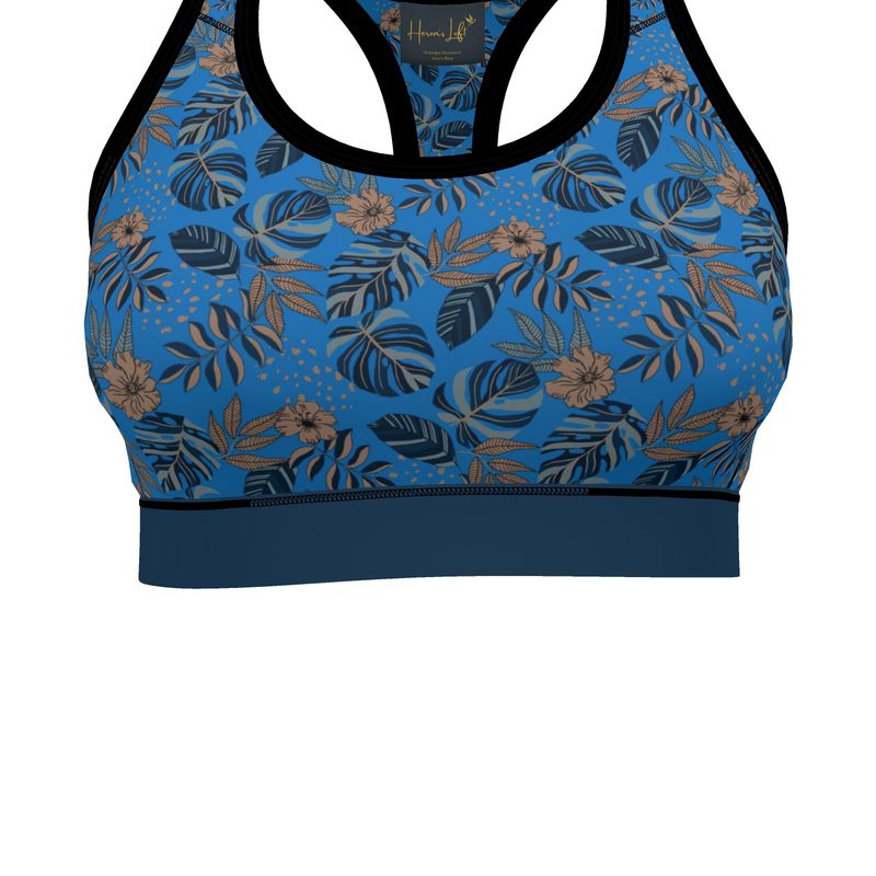 Midnight Monstera Azure Blue Women's Low Impact Sports Bra