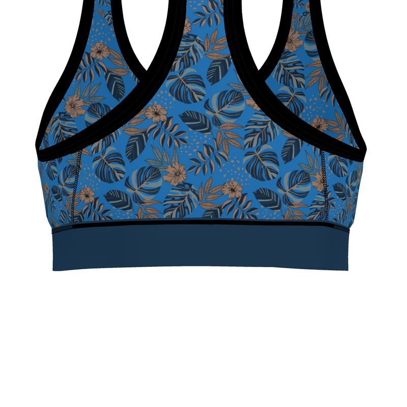 Midnight Monstera Azure Blue Women's Low Impact Sports Bra