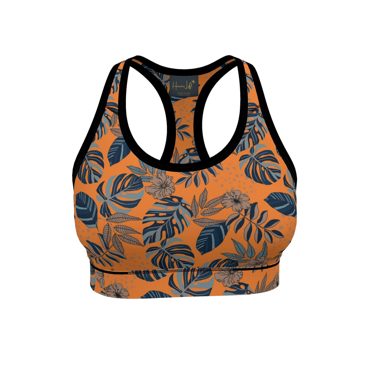 Women's Low Impact Sports Bra — Midnight Monstera Cadmium Orange