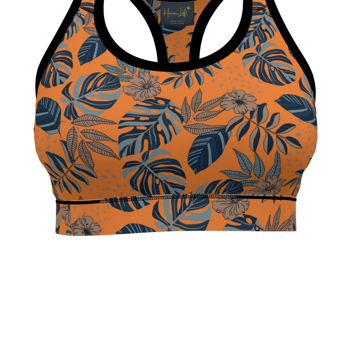 Women's Low Impact Sports Bra — Midnight Monstera Cadmium Orange