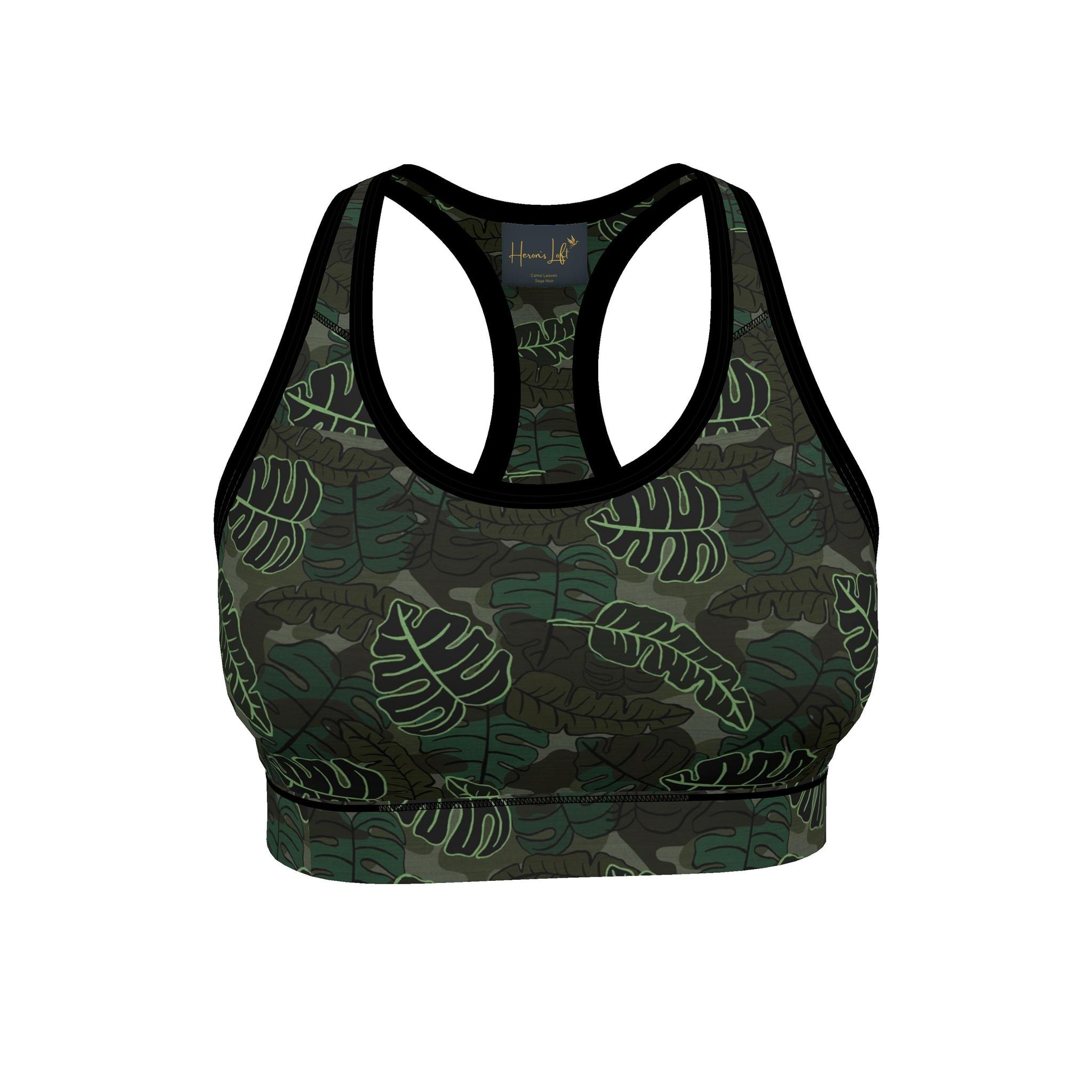 Women's Low Impact Sports Bra — Camo Leaves Sage Noir