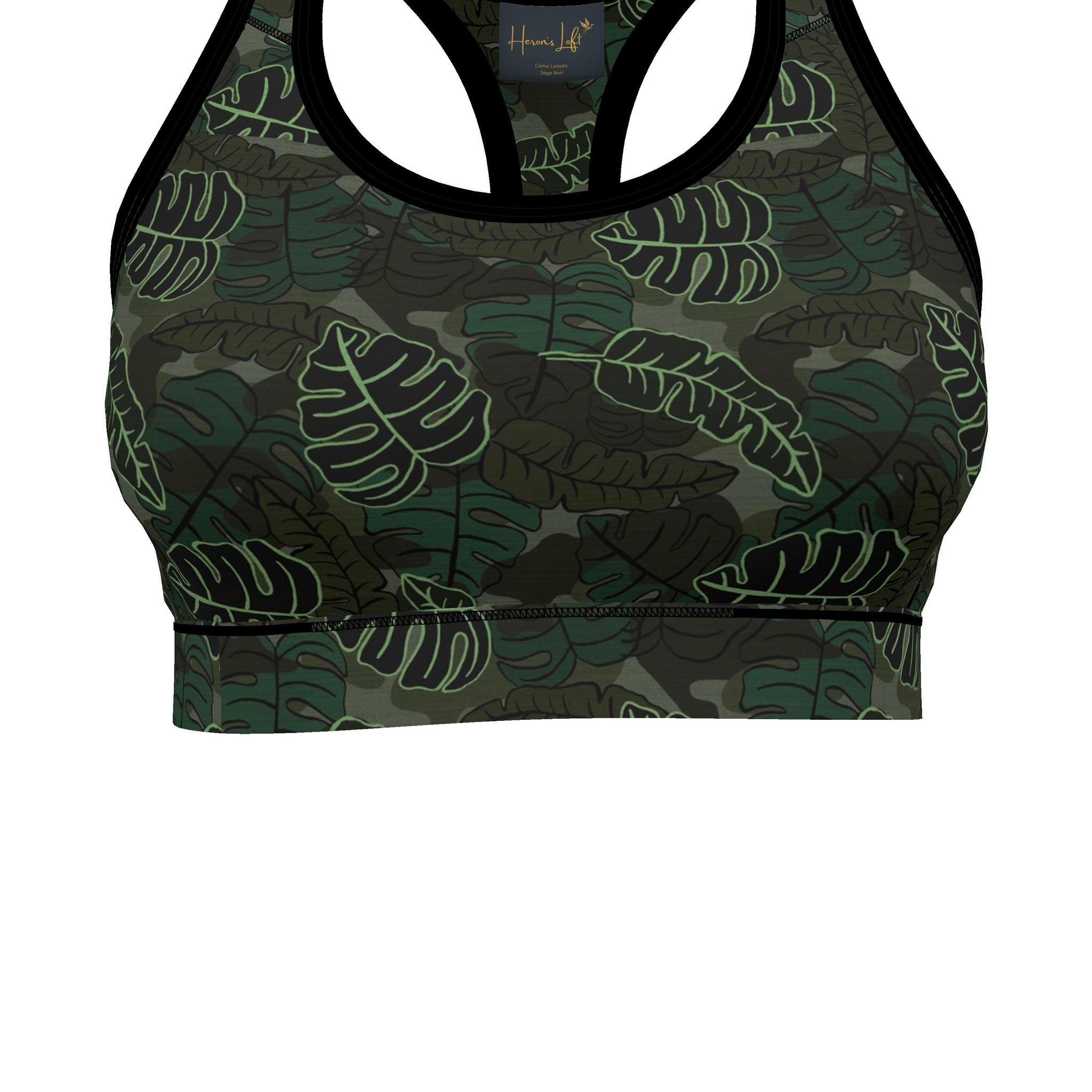 Women's Low Impact Sports Bra — Camo Leaves Sage Noir