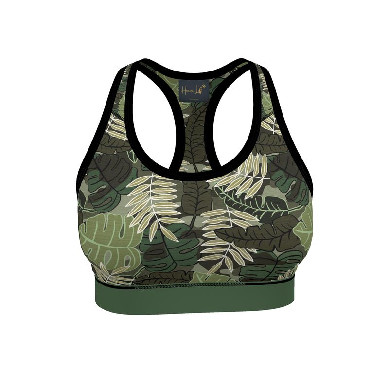 Camo Leaves Women's Low Impact Sports Bra (Black Rim Trim)