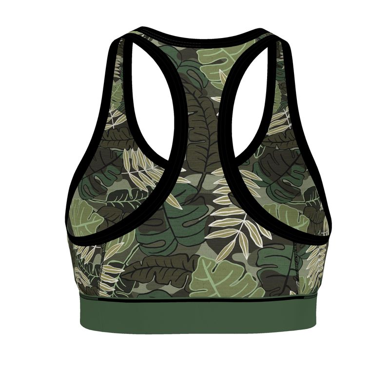Camo Leaves Women's Low Impact Sports Bra (Black Rim Trim)